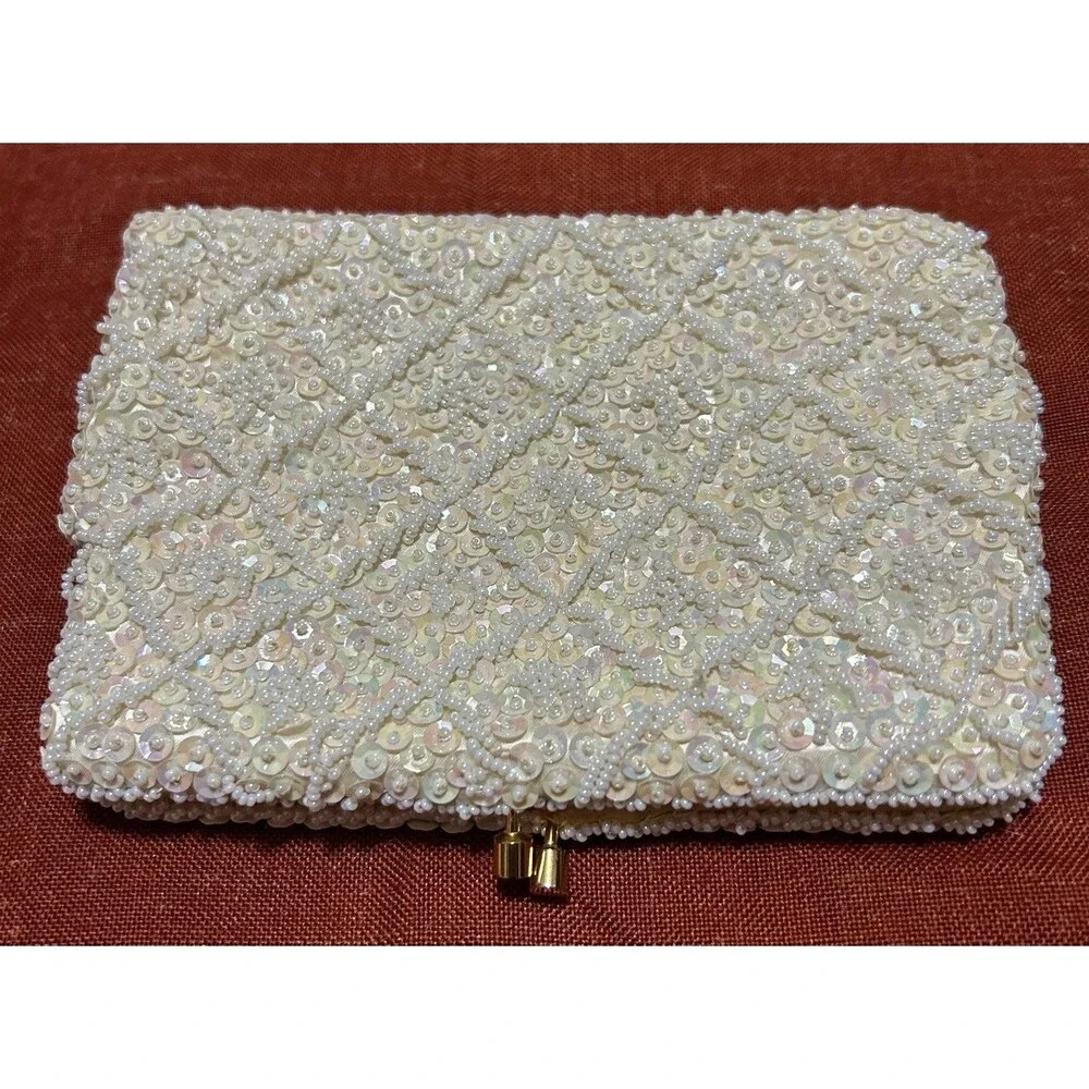 Vintage 50s La Regale Ivory White Beaded Sequin Clutch Bag Purse Gloves Set